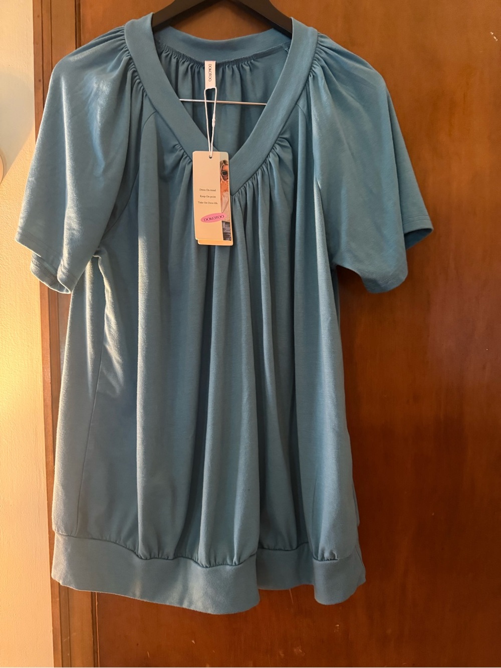 Dokotoo Light Blue V-Neck Short Sleeve Tunic with Gathered Front